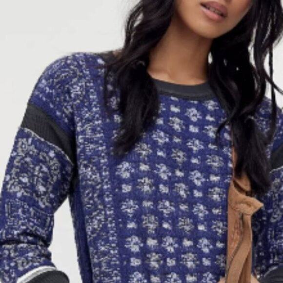 Free People Stevie Layering Top Thermal Printed Long Sleeve Blue White XS - Picture 1 of 7